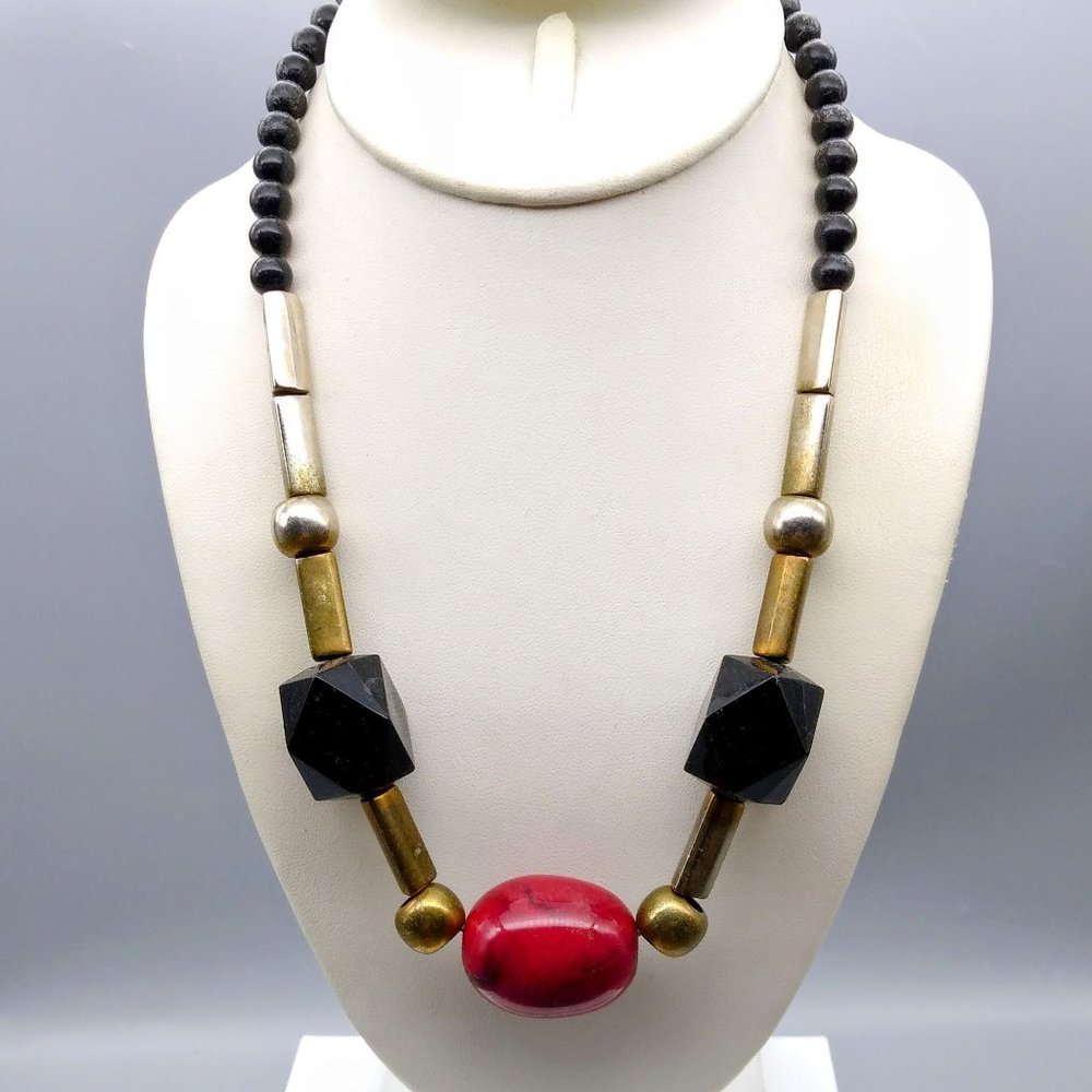 Retro Blocky Chic Necklace, Geometric Lucite Beads and Chunky Chain with Red